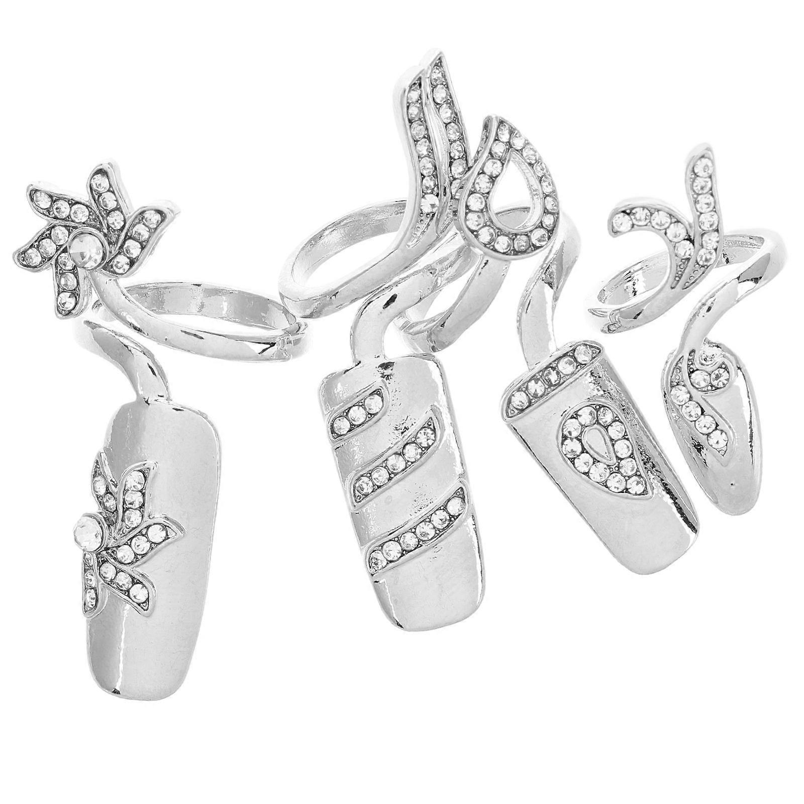 Fake Nails Ring Set Elegant Round Shape Nail Supplies for Prom Ladies Silver Color 1Set