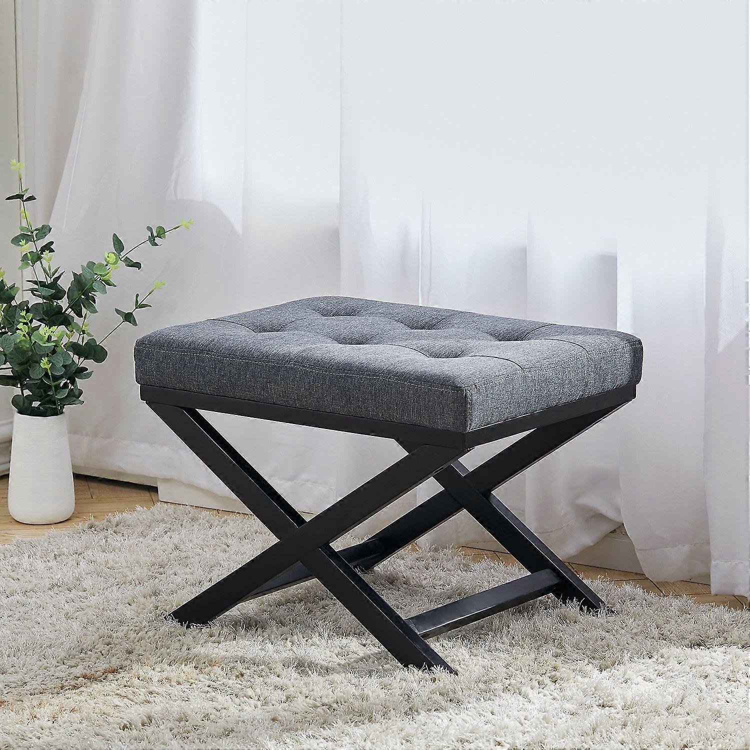 Ottoman Classic Linen Buttoned Coffee Table Footstool with X-shaped Legs Grey