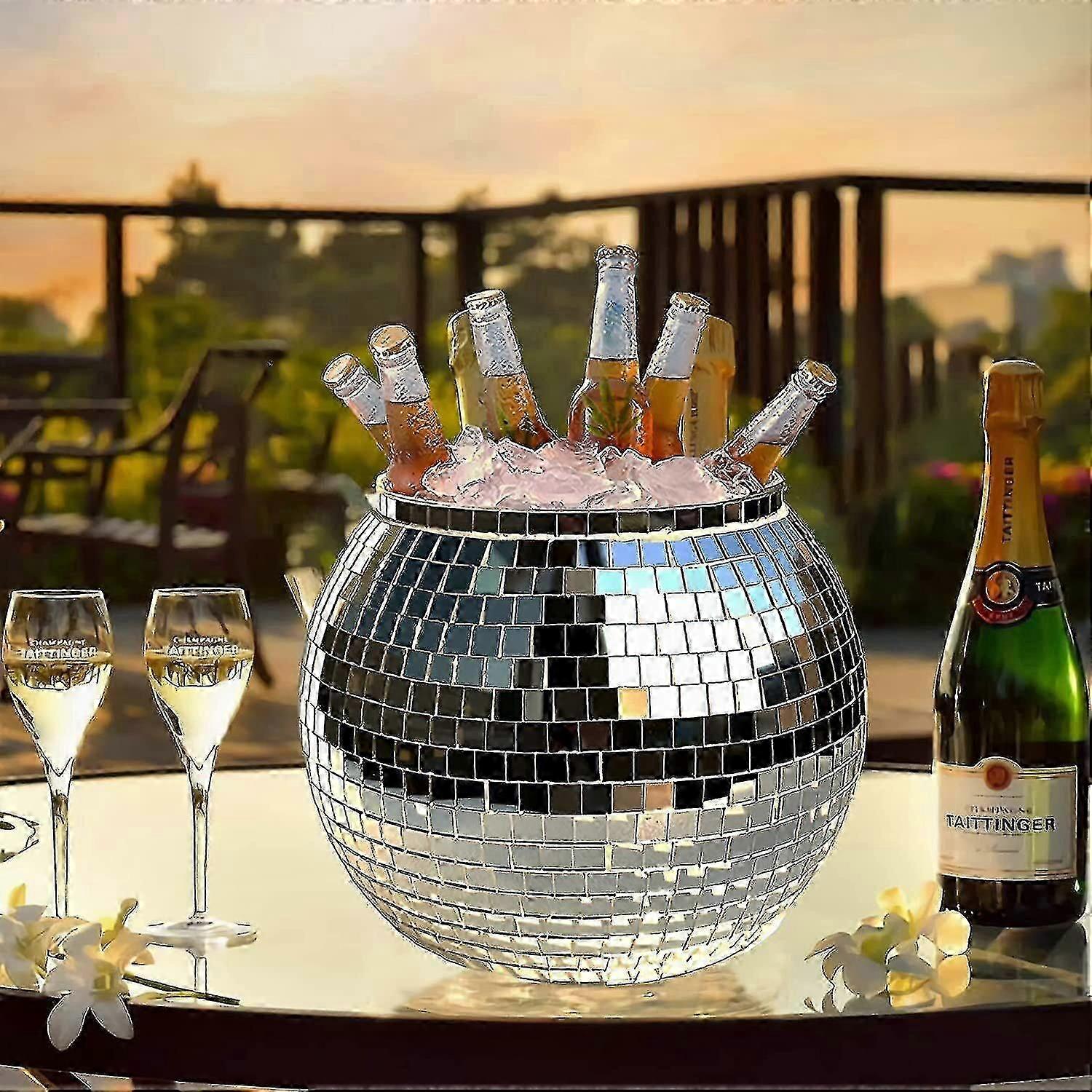 Disco Ball Ice Bucket Silver Mirrored Retro Cocktail Cooler for Parties