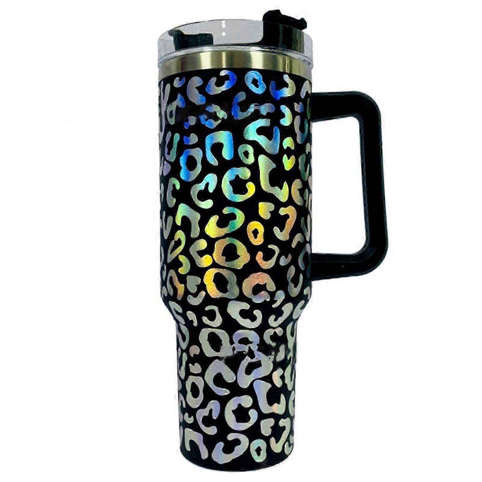 40oz Leopard Stainless Steel Tumbler with handle,Double Walled Leopard Tumbler with Straw, Leak Resistant Lid Insulated Cup for maintaining Cold Heat