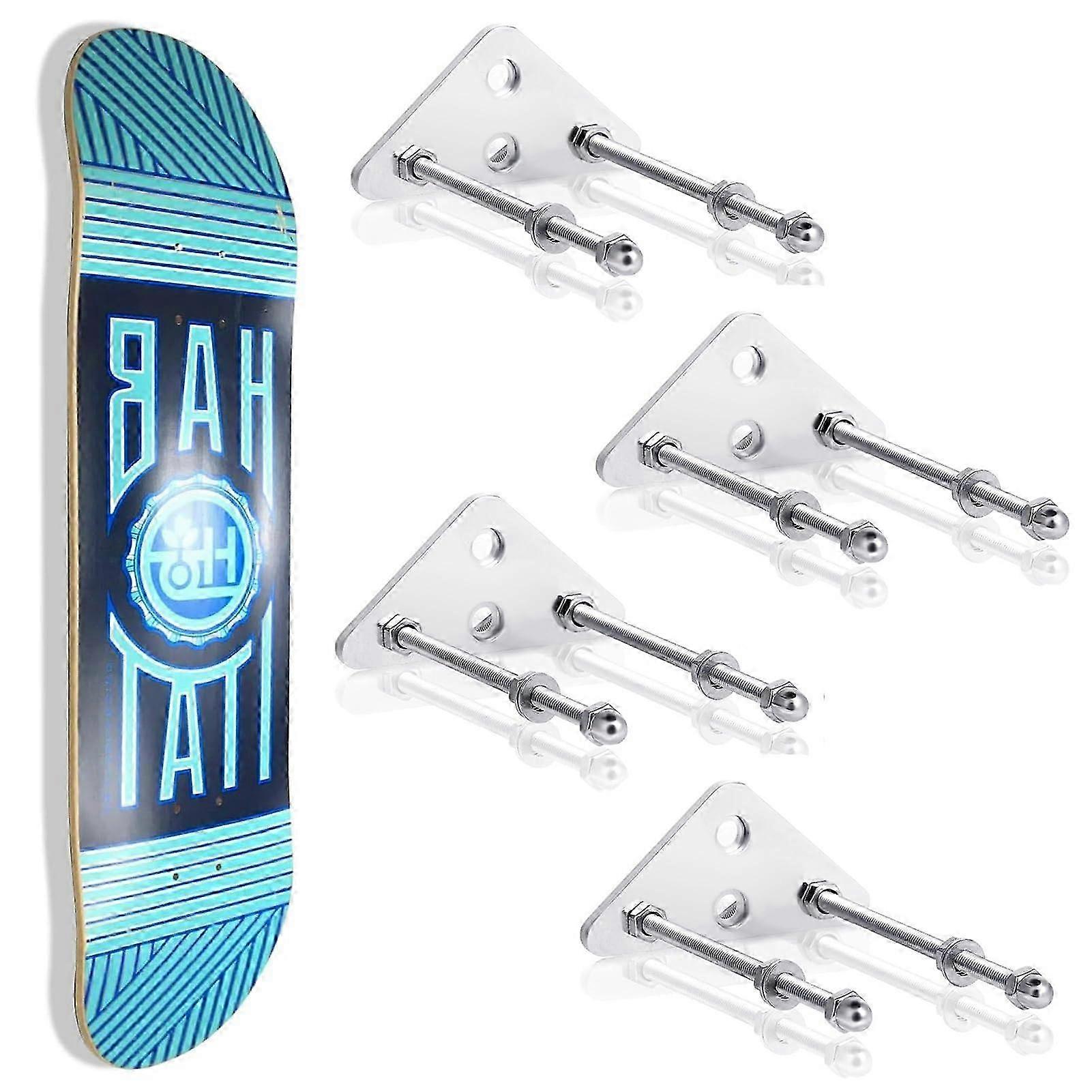 Four pack aluminum alloy wall mount for skateboard display and storage, suitable for various skateboards