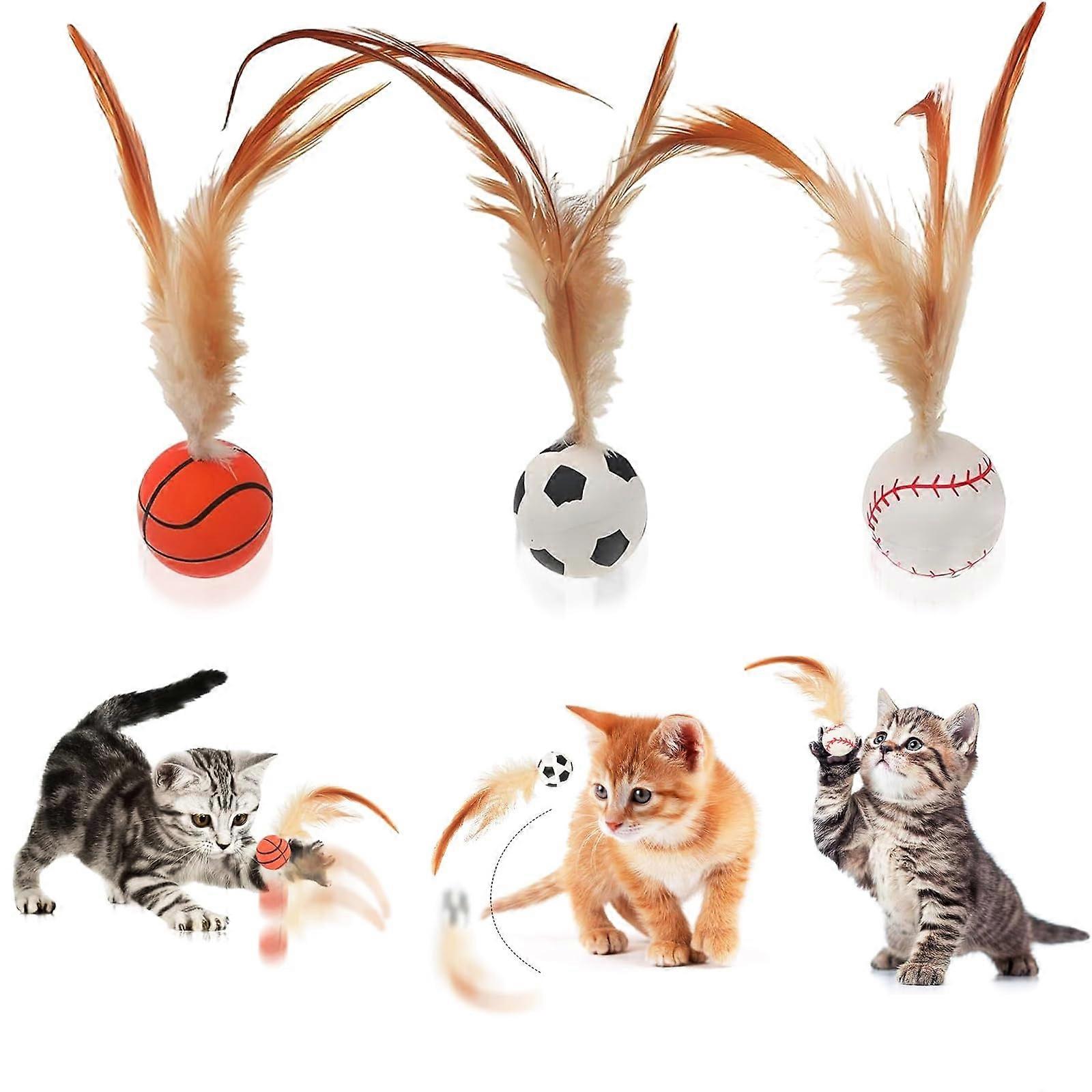 Pack of 3 Bouncing Cat Ball with Feather, Cat Bouncy Balls, Kitten Play Toy