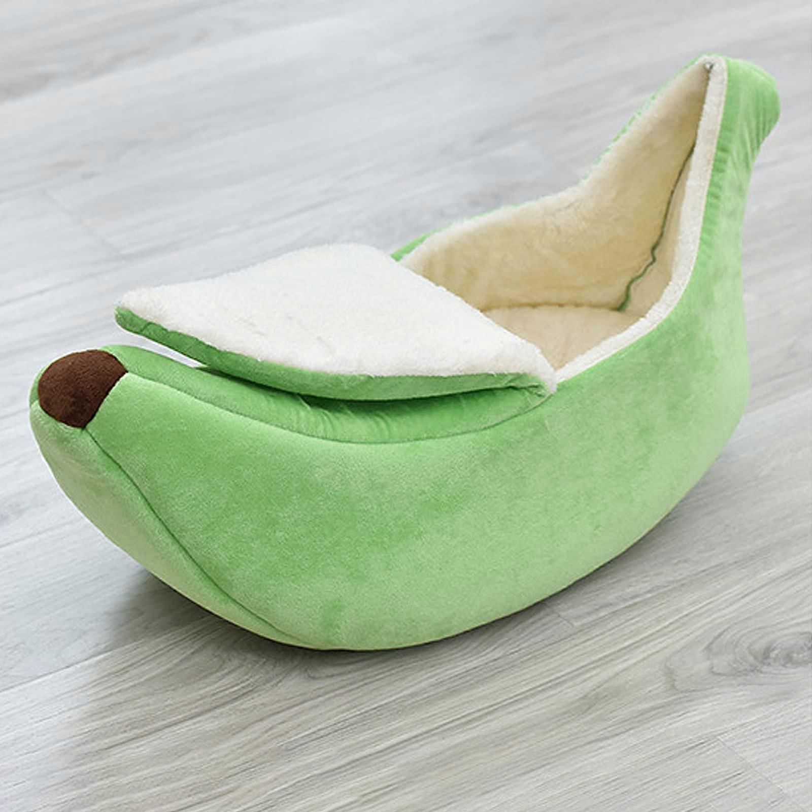 Pet Bed with Cute Banana Design, Soft Warm Sofa for Dogs and Cats, Green Color, Medium Size, Cozy Cuddly Sleeping Supplies