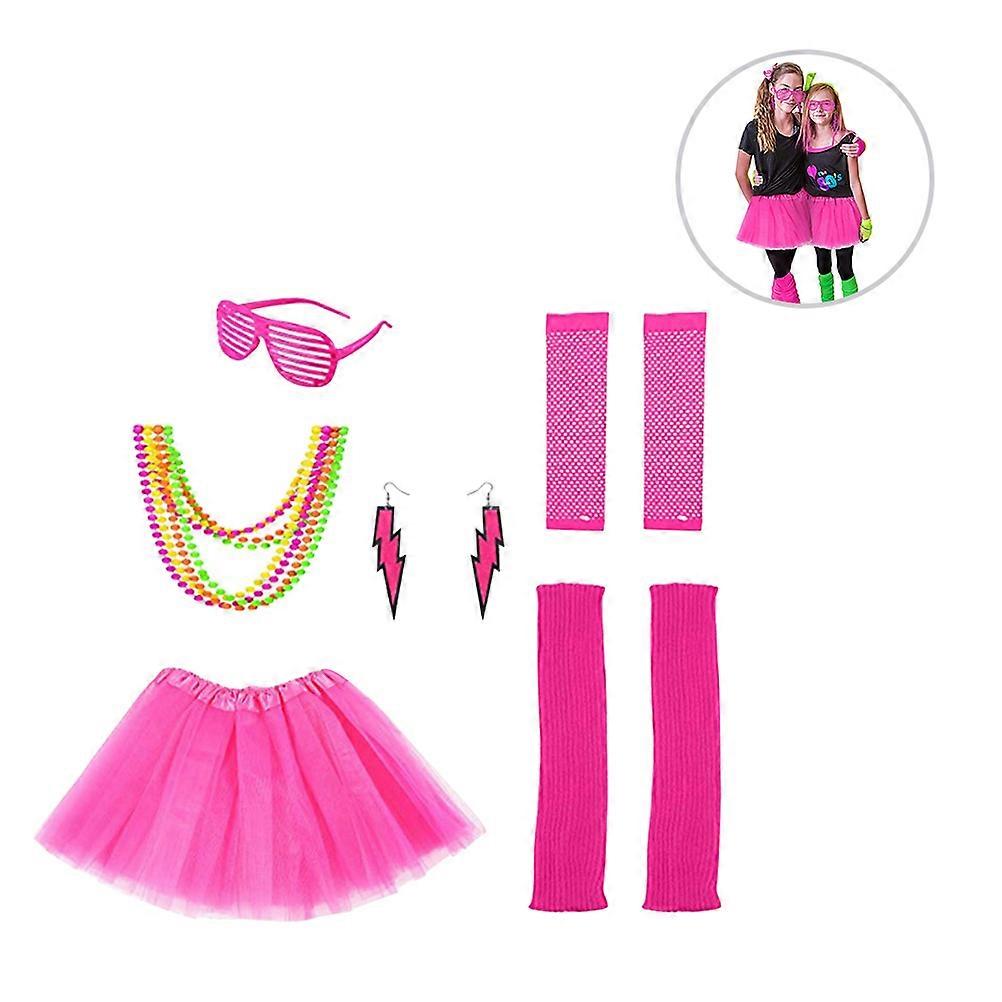 6pcs Women's Neon Costume Set in Rose Red with Fishnet Gloves, Earrings, Bracelet, and Leg Warmers for Party, Festival, Rave, and Fancy Dress