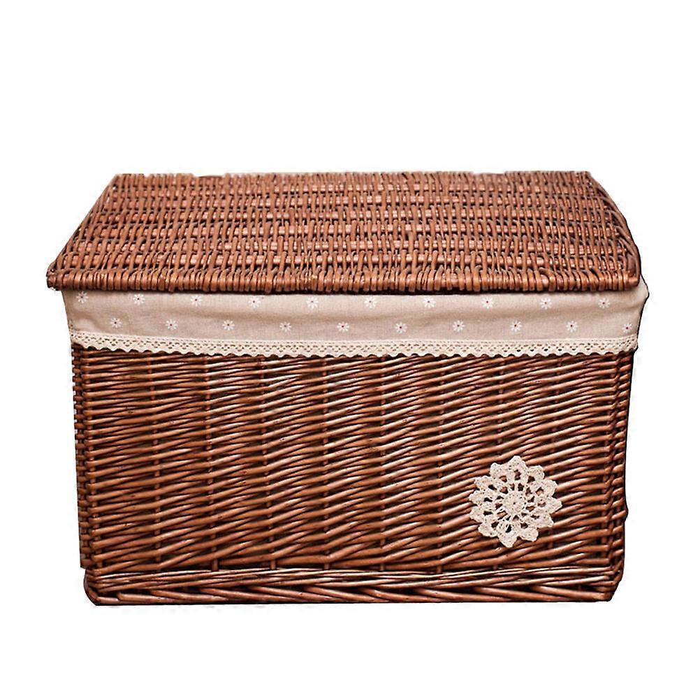 Light Brown Woven Basket with Cover for Storing Things in Bedroom Living Room Made of Composite
