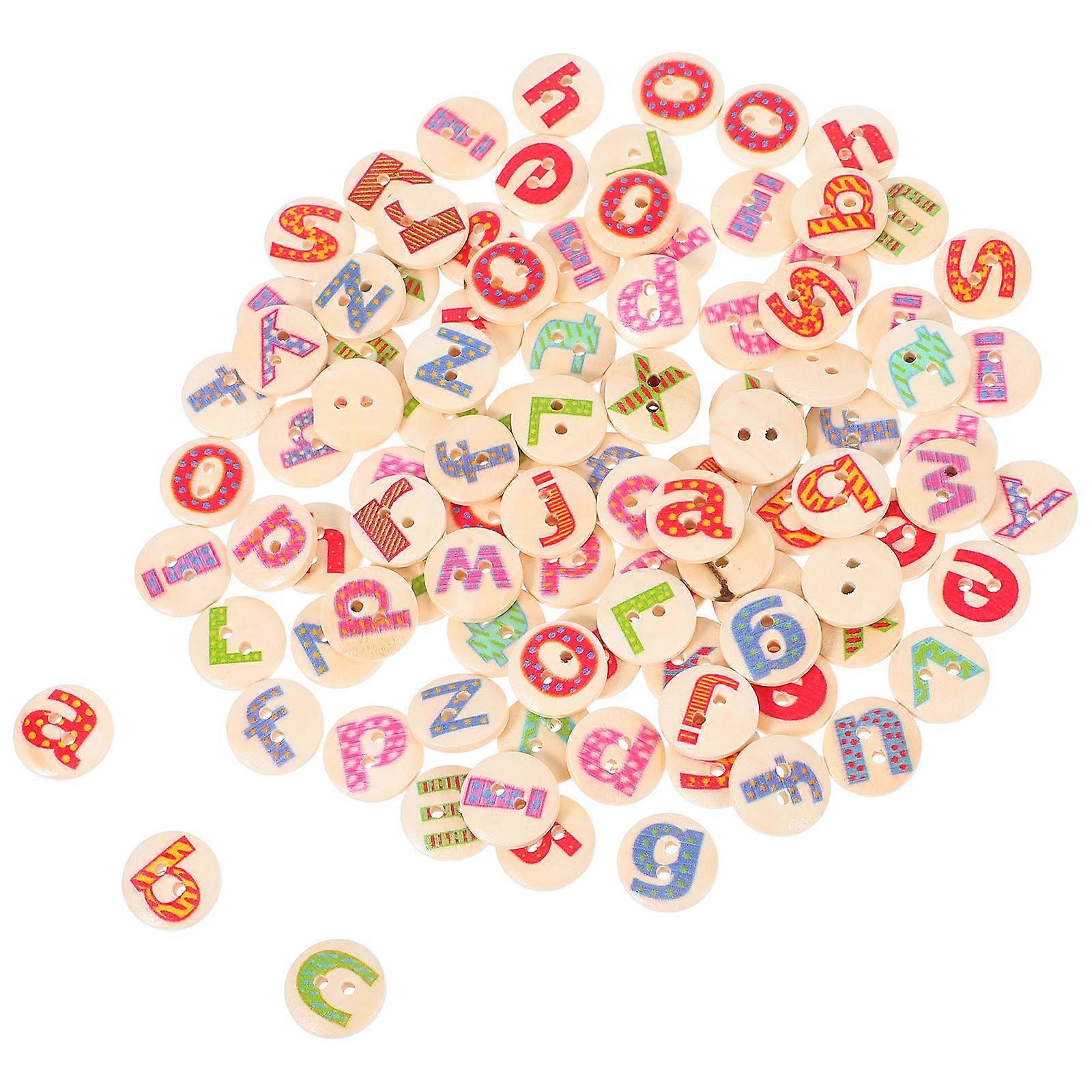 100 Pcs 15MM 26 Letters Two hole Round Natural Color Mixed Wooden Buttons