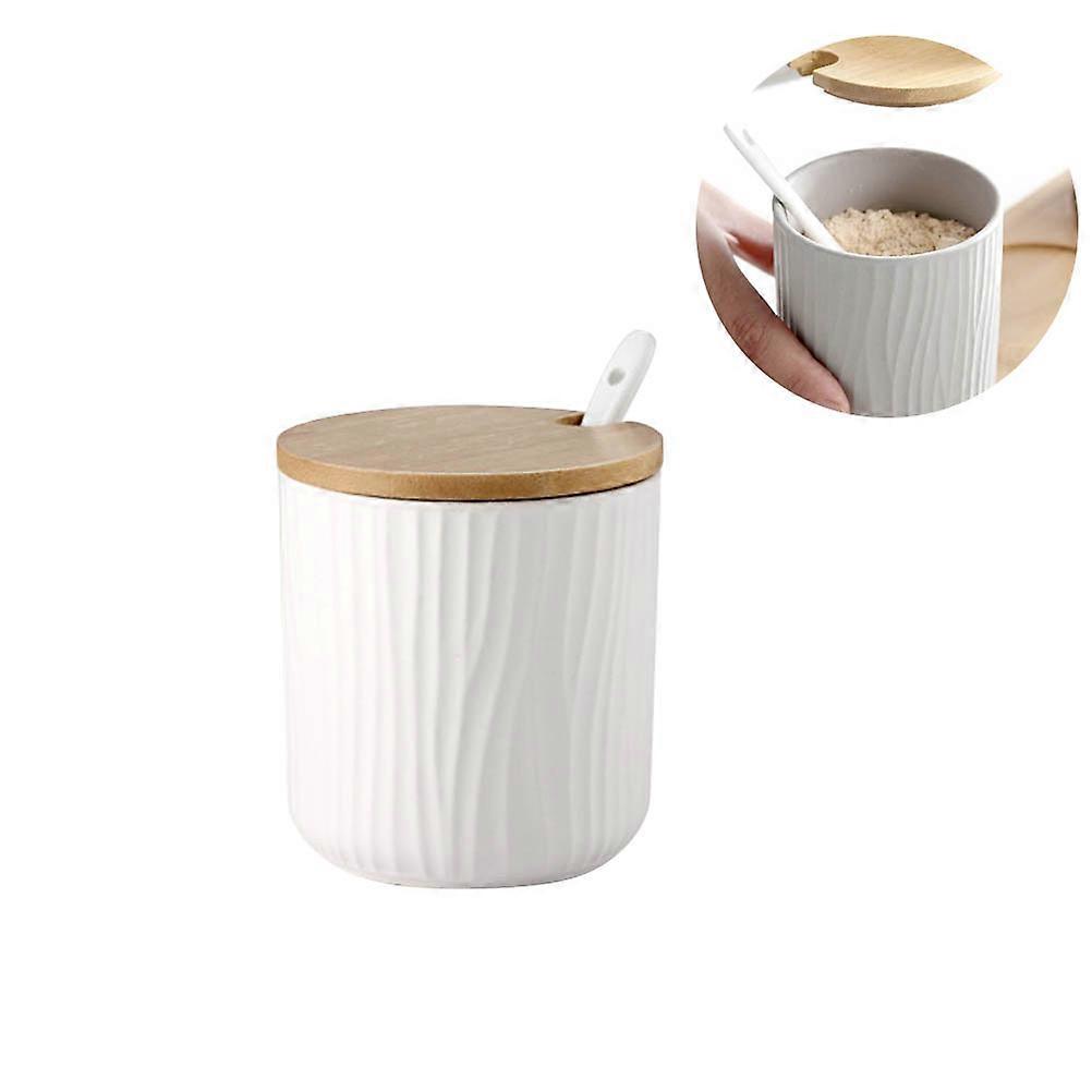 White Ceramic Spice Jars with Bamboo Lids and Spoons for Kitchen Use Great Size 3.5 Inches Diameter