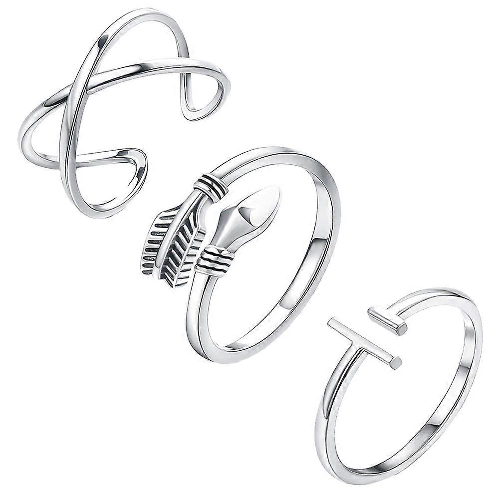 Adjustable Finger Ring Set For Women And Men In Silver Color With Simple Open Design For Daily Use 3Pcs
