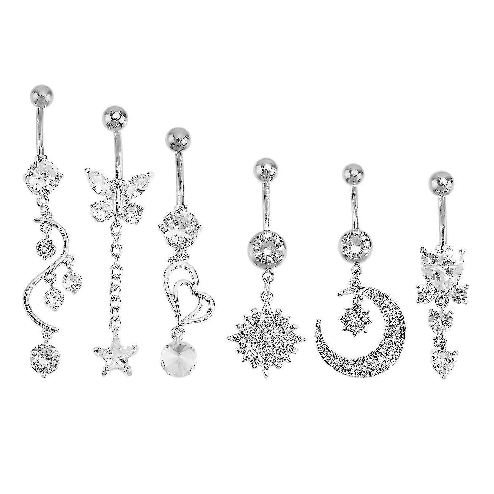 6pcs女性へそリングラインストーンがちりばめられたへそボタンへそピアスジュエリー