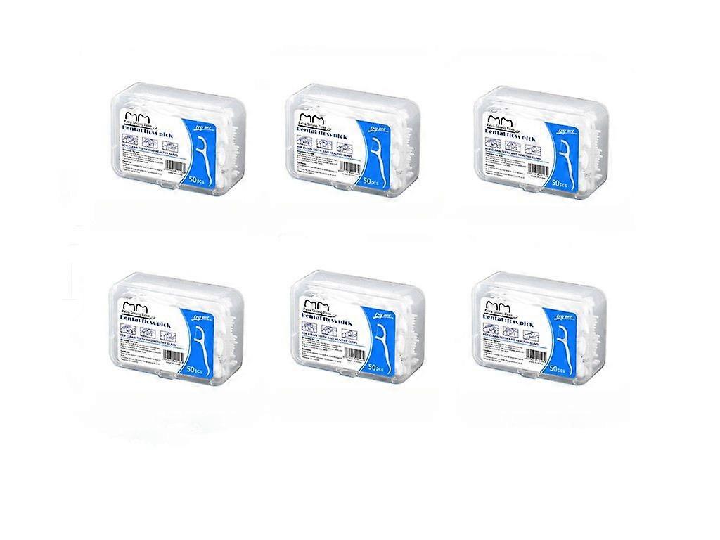6 boxes, 50pcs each Dental Floss Picks with Curved Toothpick & Extra Strong Floss - Easy Grip Handle for Deep Cleaning, Food Grade