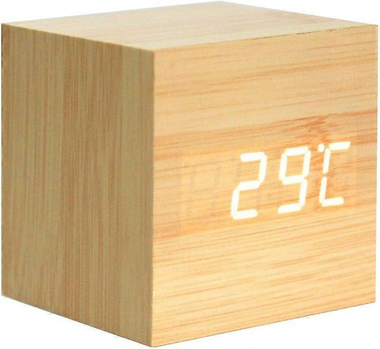 Wooden Alarm Clock Digital Cube Clock With Time/Date/Temperature Display,   For Home Office Travel