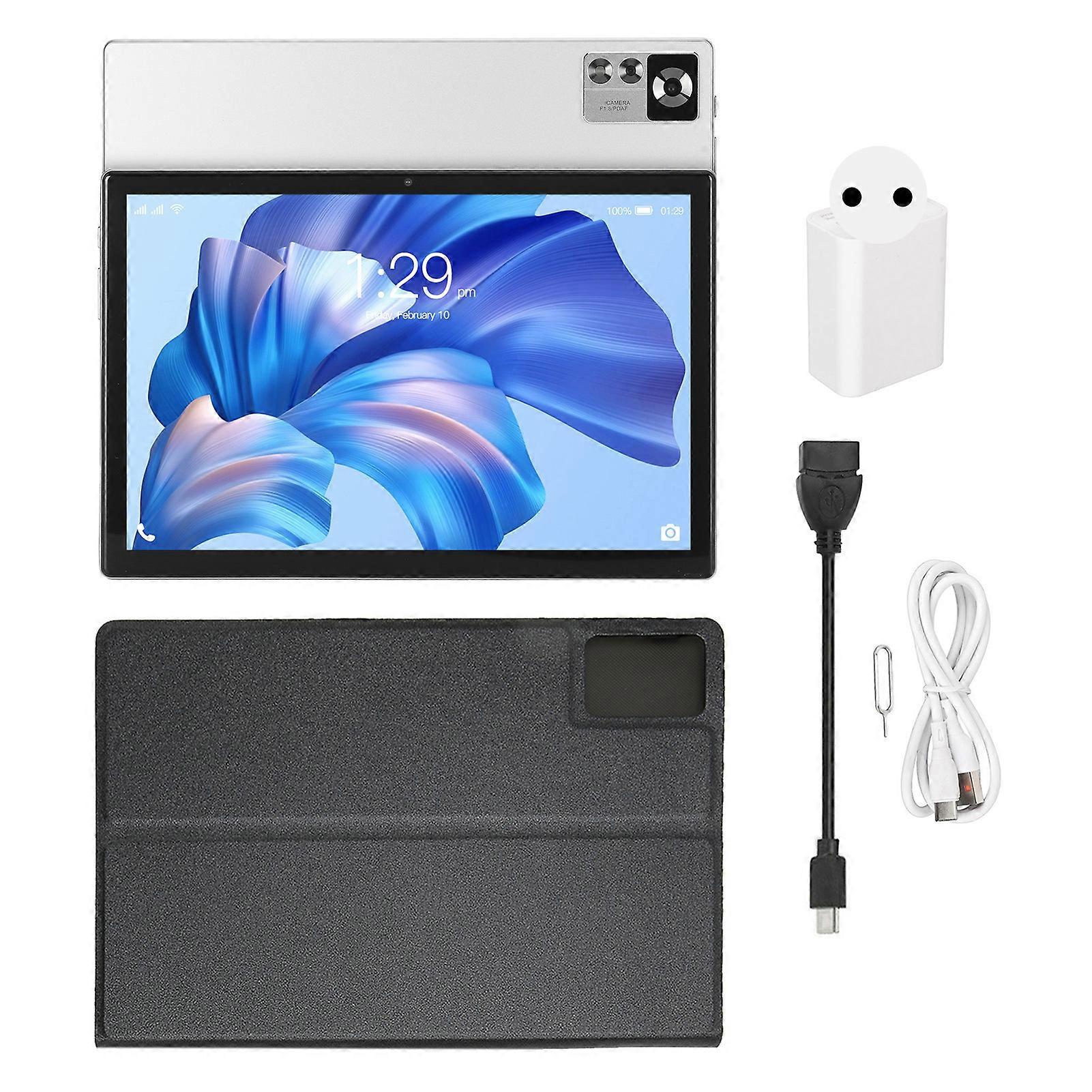 10.1 Inch Tablet with 8 Core CPU 8GB RAM 256GB ROM FHD Display Dual Camera Case White EU Plug