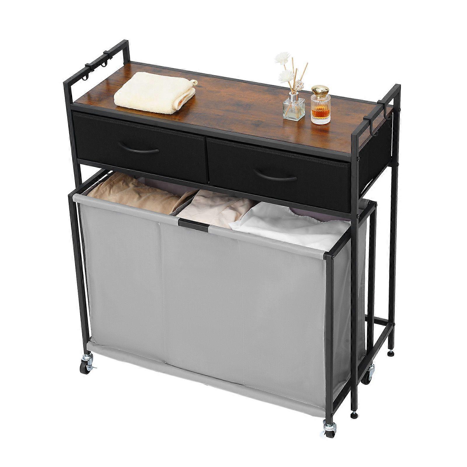 3 Section Laundry Sorter, Rolling Laundry Hamper with 2 Drawers, Hooks & Wheels, Rolling Basket Organizer Storage