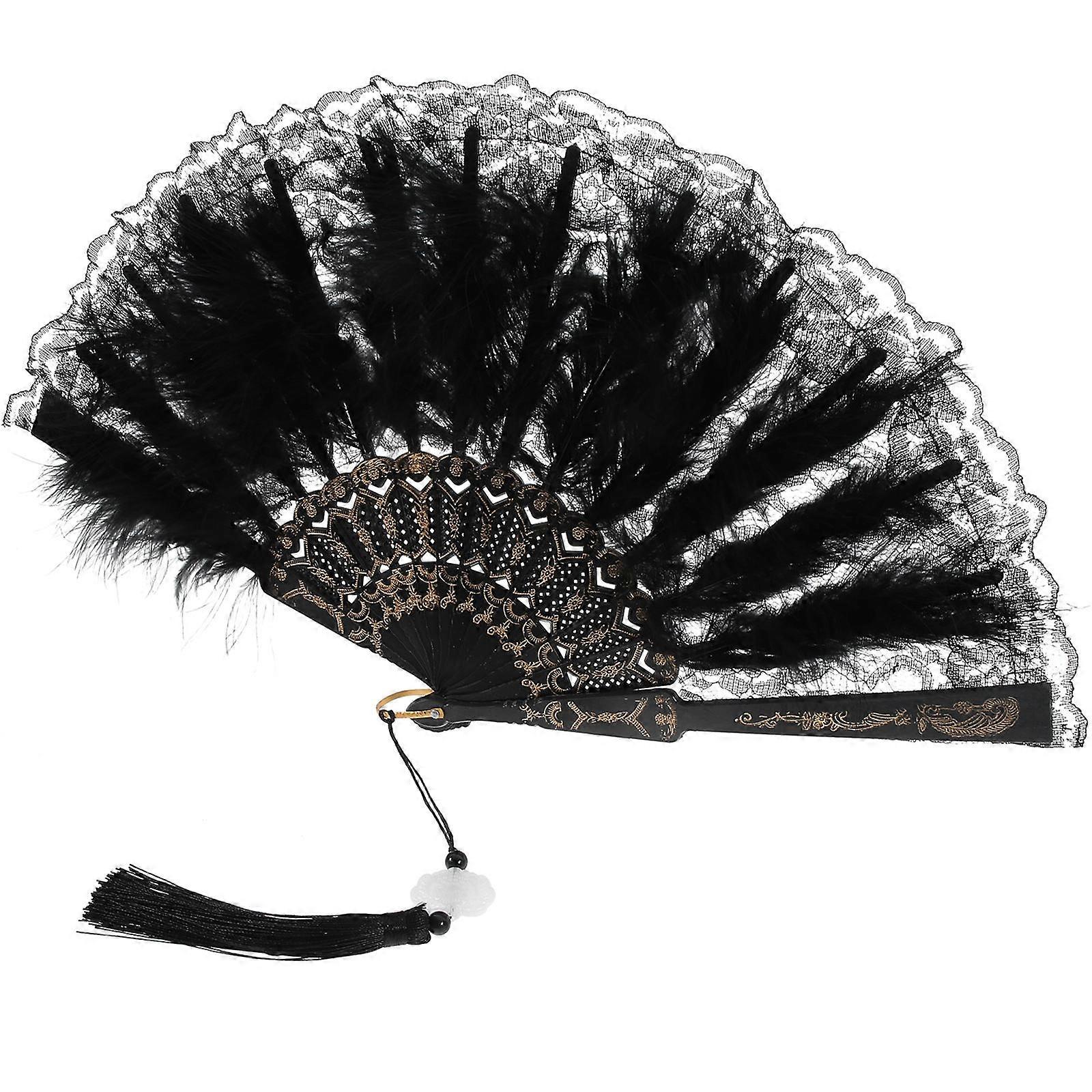 Black Plume Hand Fan Folding Fan for Cooling Use 5Pcs Vintage Style