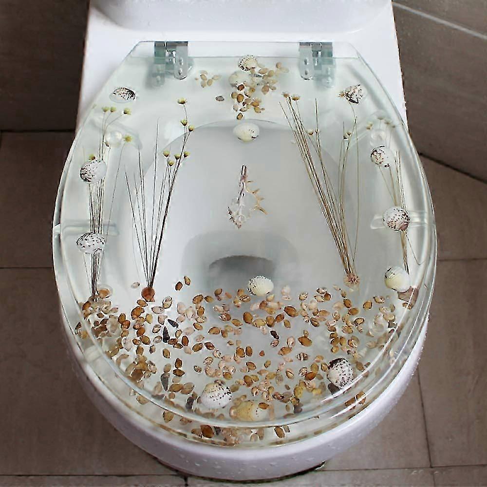 3D エフェクト樹脂便座カバー、本物の花、シェル、砂付きヘビーデューティ蓋、固定、ソフトクローズ