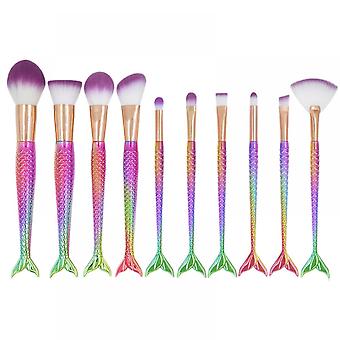 Veeki Makeup Brush Set 10 Pcs Fish Tail Eye Makeup Brushes, Eyeshadow Concealer Eyeliner Brow Blending Brush Tool(Multicolor Mermaid Handle)