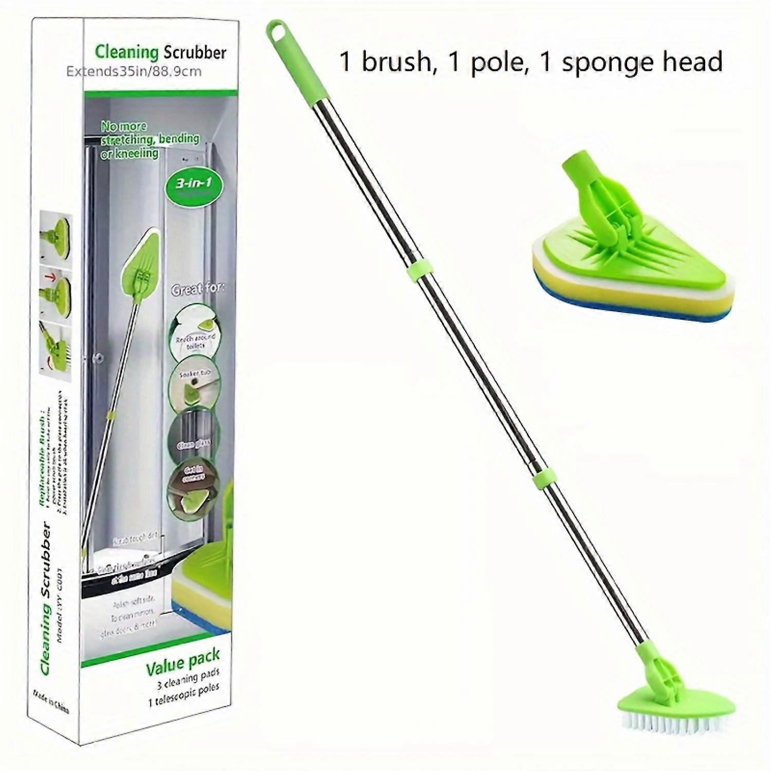1set, 2 In 1 Bathroom Scrub Cleaning Brush, Long Handle Bathroom Scrubber With 1 Bristle Head And 1 Sponge Heads, Extendable Mul
