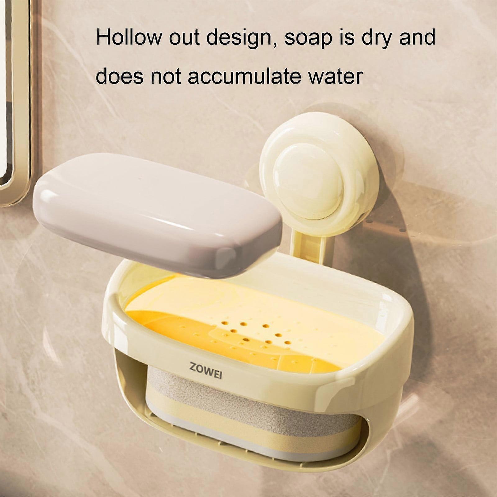 Soap Holder for Shower & Kitchen - Suction Cup Soap Box with Drainage, Double Layer Non-Perforated Soap Rack, Compatible with Tile