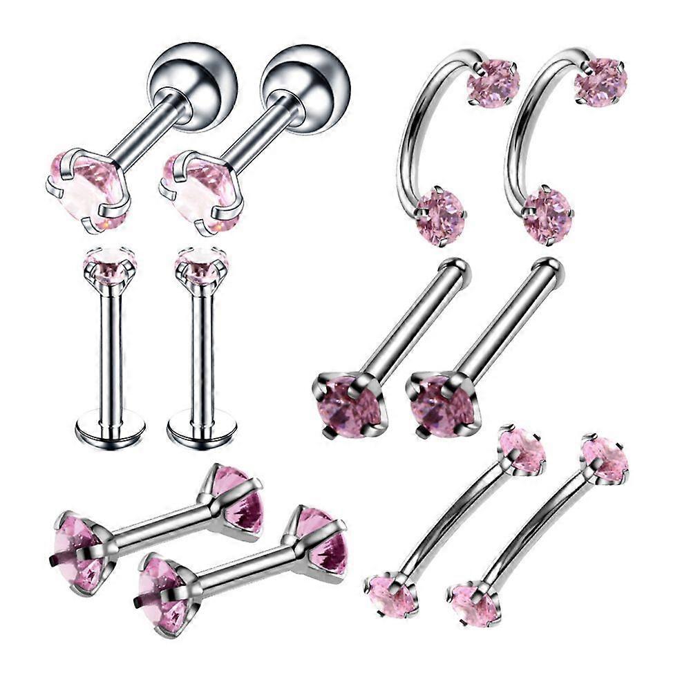 12pcs Stainless Steel Color Jewelry Pink Nose Piercing Nail Cubic Zirconia