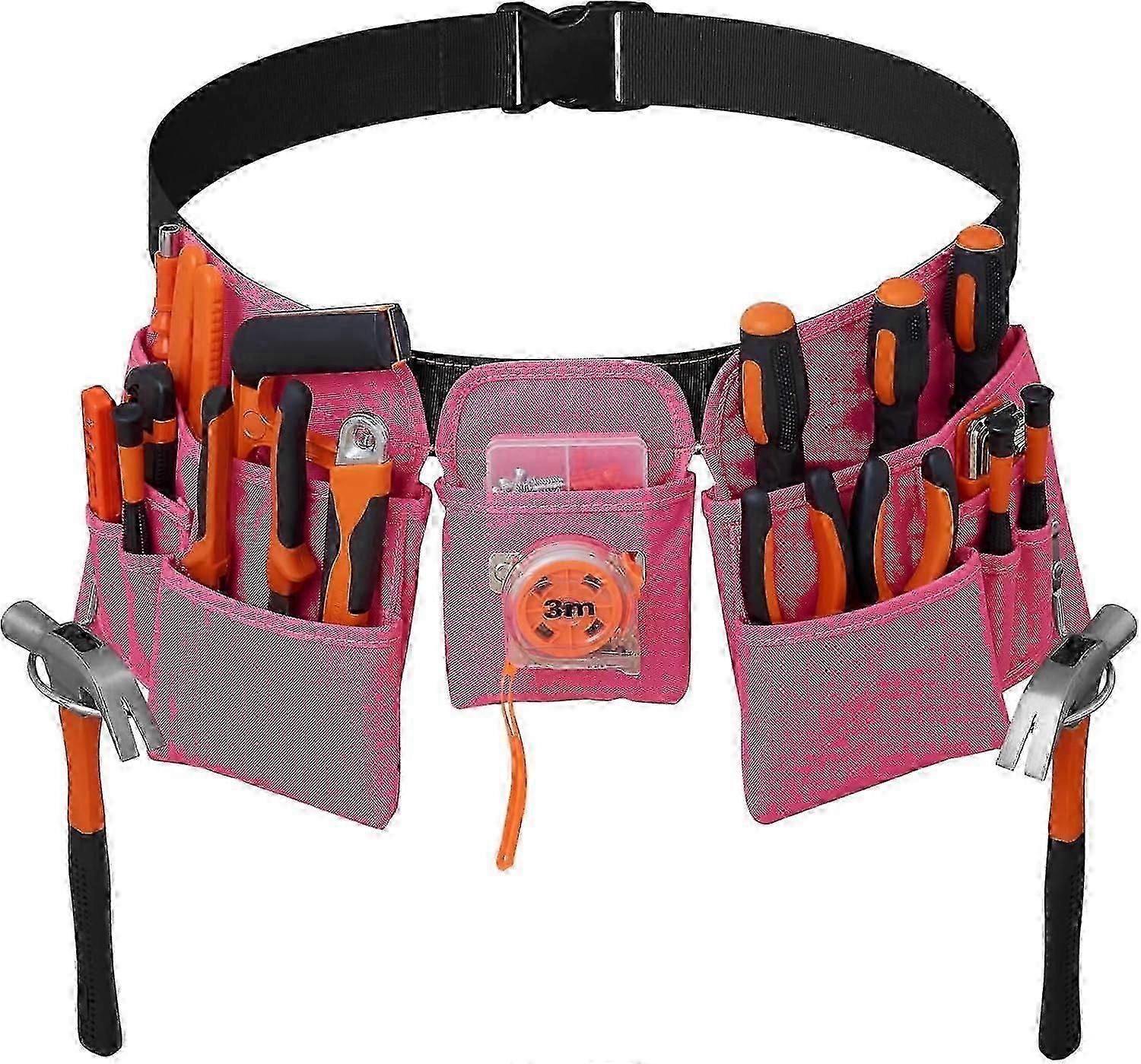 19 Pockets Tool Belt, DIY Adjustable Practical Belt, Tool Bag for Men, Pink