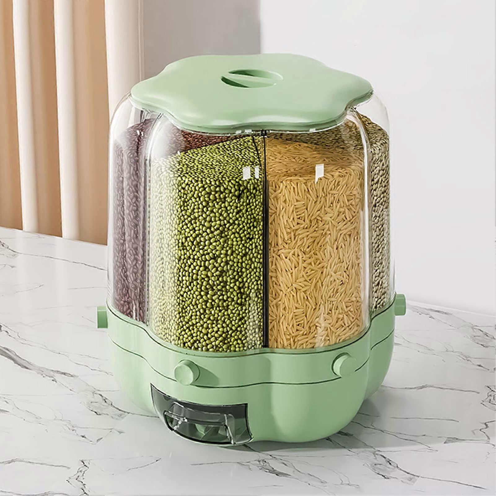 Rice Dispenser 6Compartment 360 Rotating Grain Storage With Lid Matcha Green 27x32cm