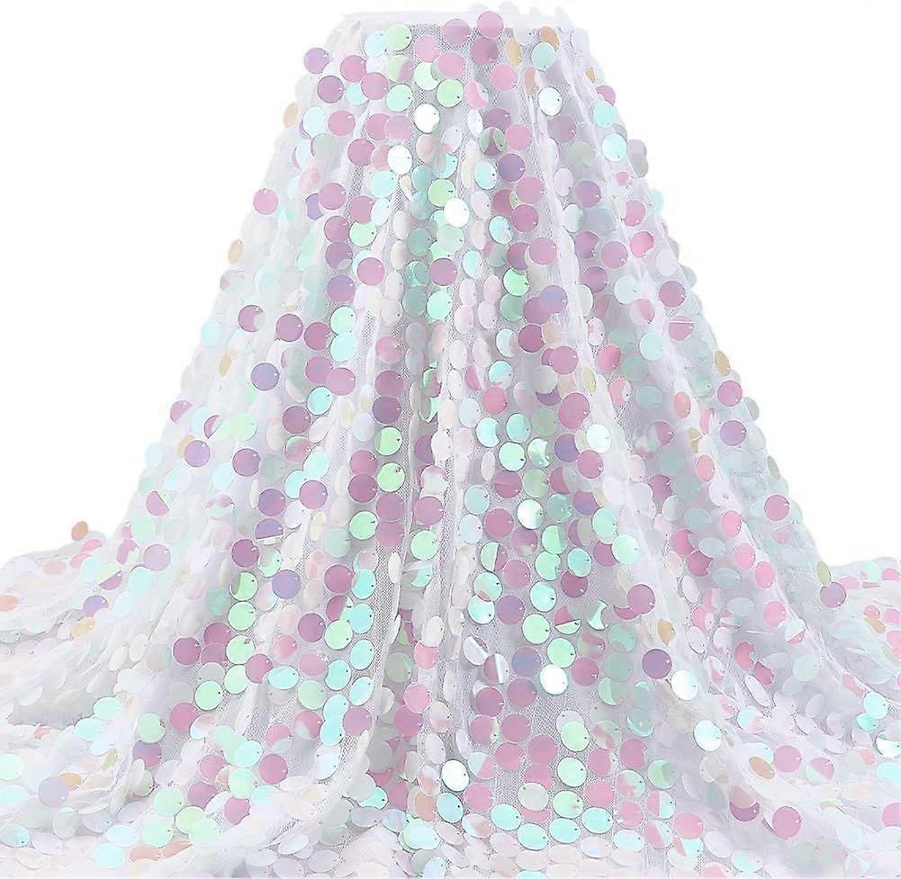Sequin Fabric by The Yard Iridescent Glitter Fabric Sparkly 49 Inch Wide Fabrics Shiny Sequin Tablecloth Mesh Fabrics with 18mm Sequins for Wedding Pa