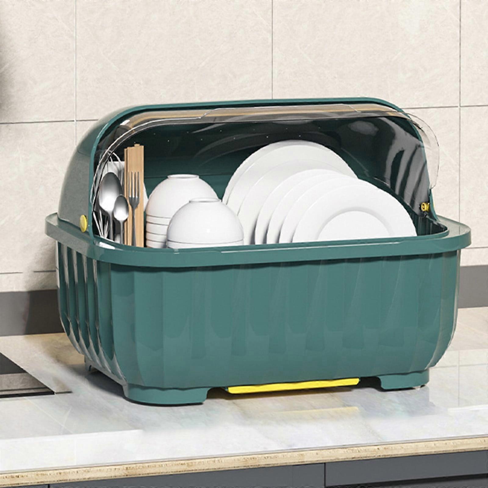 Kitchen Dishware Organizer - Adjustable Rack For Plates And Bowls With Drainage - Utensil Storage Box With Lid - Space-Saving Cabinet For Tableware
