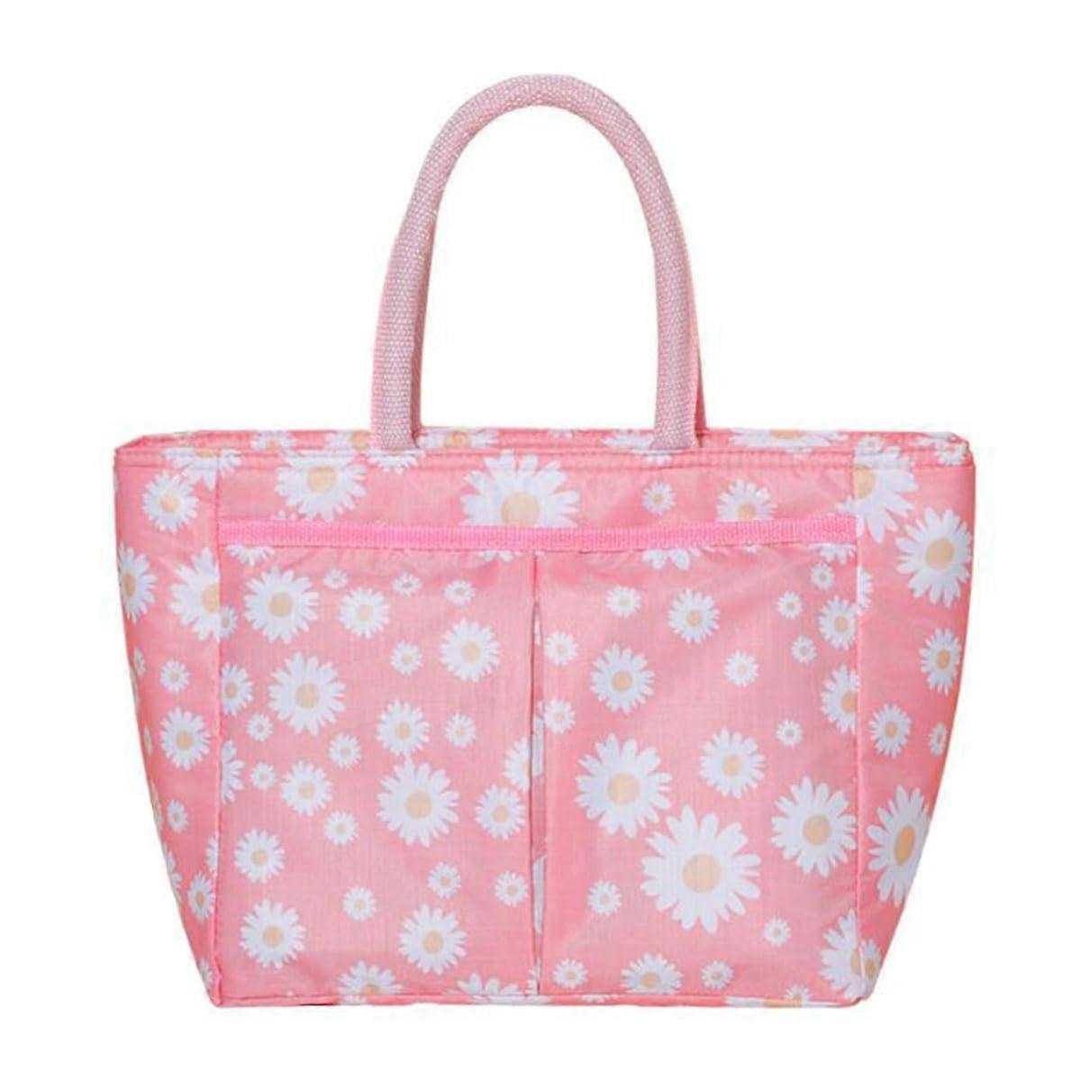 Light Pink Insulated Lunch Bag with Large Capacity Leakproof Daisy Design for Work and Picnic