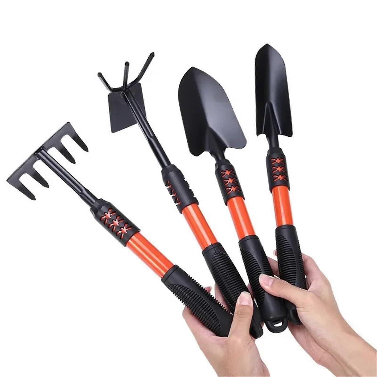 Garden Hand Tools Set with Steel Spade Hoe and Rake, Durable Long Handle, 4PC Orange Kit