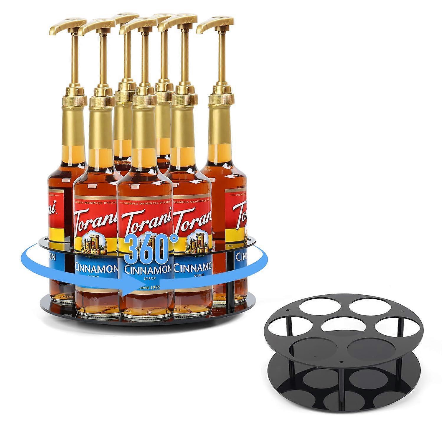 Rotating Coffee Syrup Organizer Rack for 7 Bottles, 360° Acrylic Holder for Coffee Bar Countertop