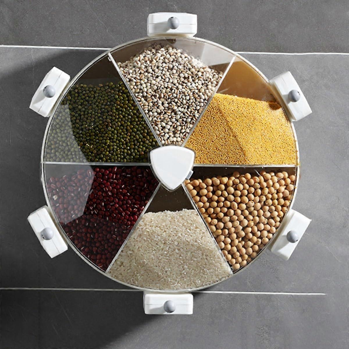 Rice Dispenser 360° Rotating SixGrid Wall Mounted Grain Storage Container BPA White