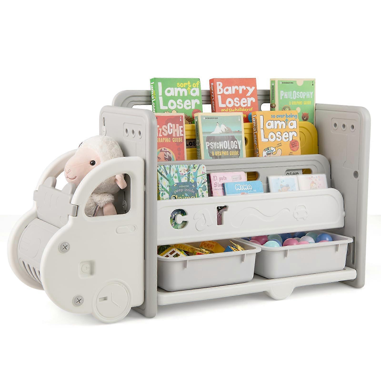 Kids CarShaped 3Tier Bookshelf with Storage Bins, Toddler Bookcase and Toy Organizer for Playroom