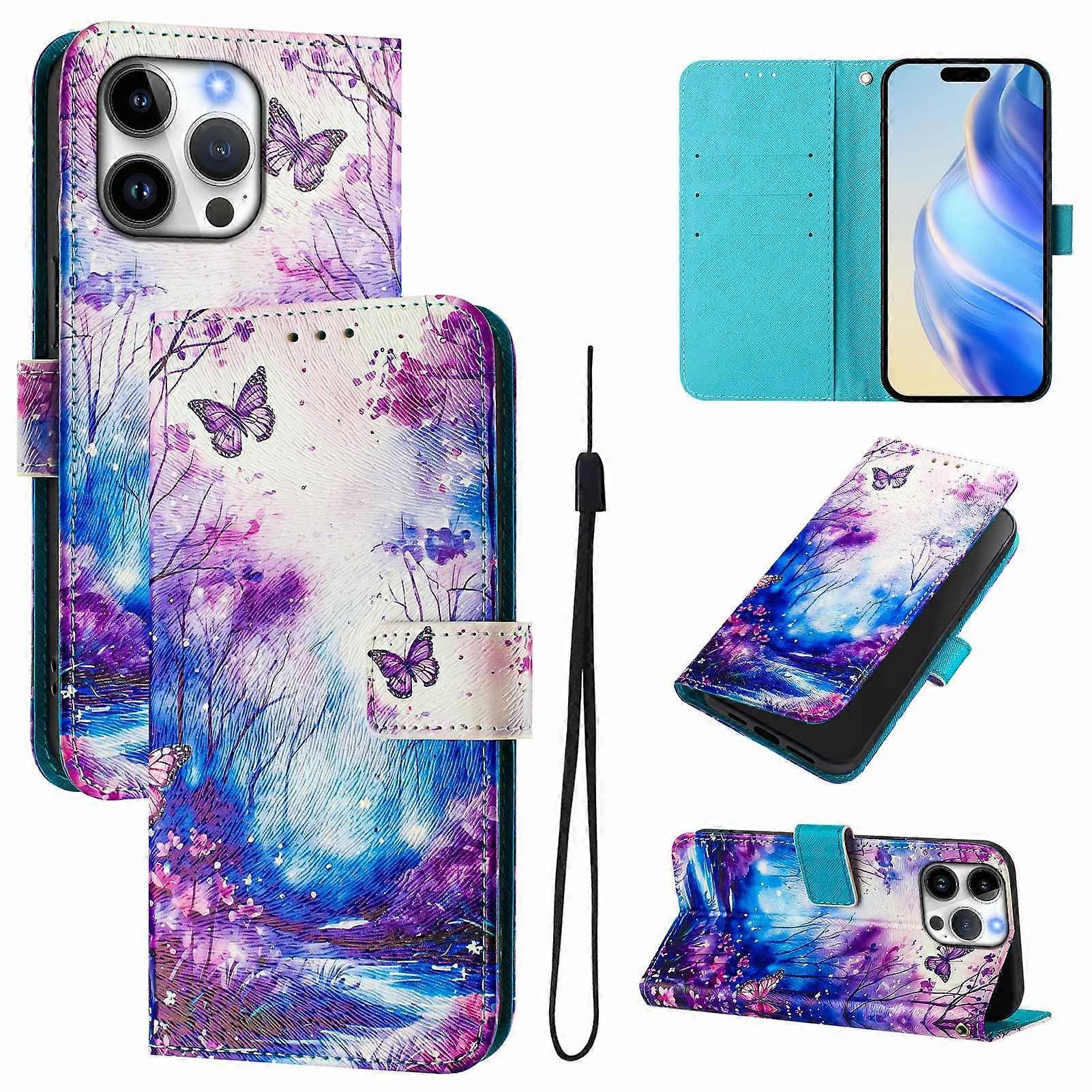 For iPhone 16 Pro Max Case Pattern Printing Wallet Phone Cover with Strap