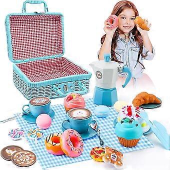 Tea Party Set for Little Girls, 30pcs Picnic Basket Set with Carry Case Teapot Tea Cup Dessert & Table Cloth, Pretend Play Toy Gifts Kids Tea Party Se