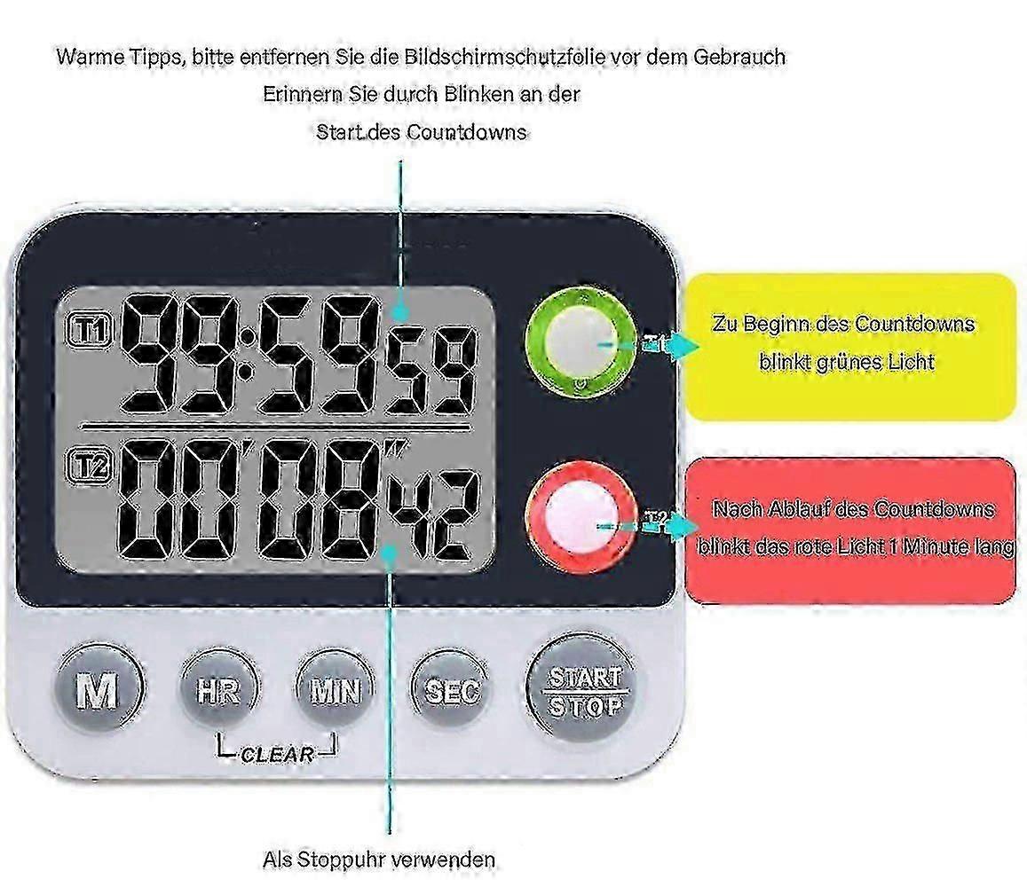 Digital Dual Kitchen Timer, Alarm Adjustable Volume Timer, Cooking Timer, Stopwatch, Large Lcd