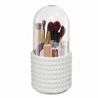 360-Degree Rotating Makeup Brush Holder, Large Capacity Dust-Proof Storage Box with 5 Compartments, Plaid Design compatible with Home