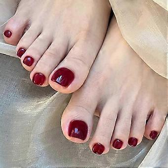 24 Pcs Wine Red Short French Glossy Acrylic False Toe Nails, 12 Sizes Solid Color