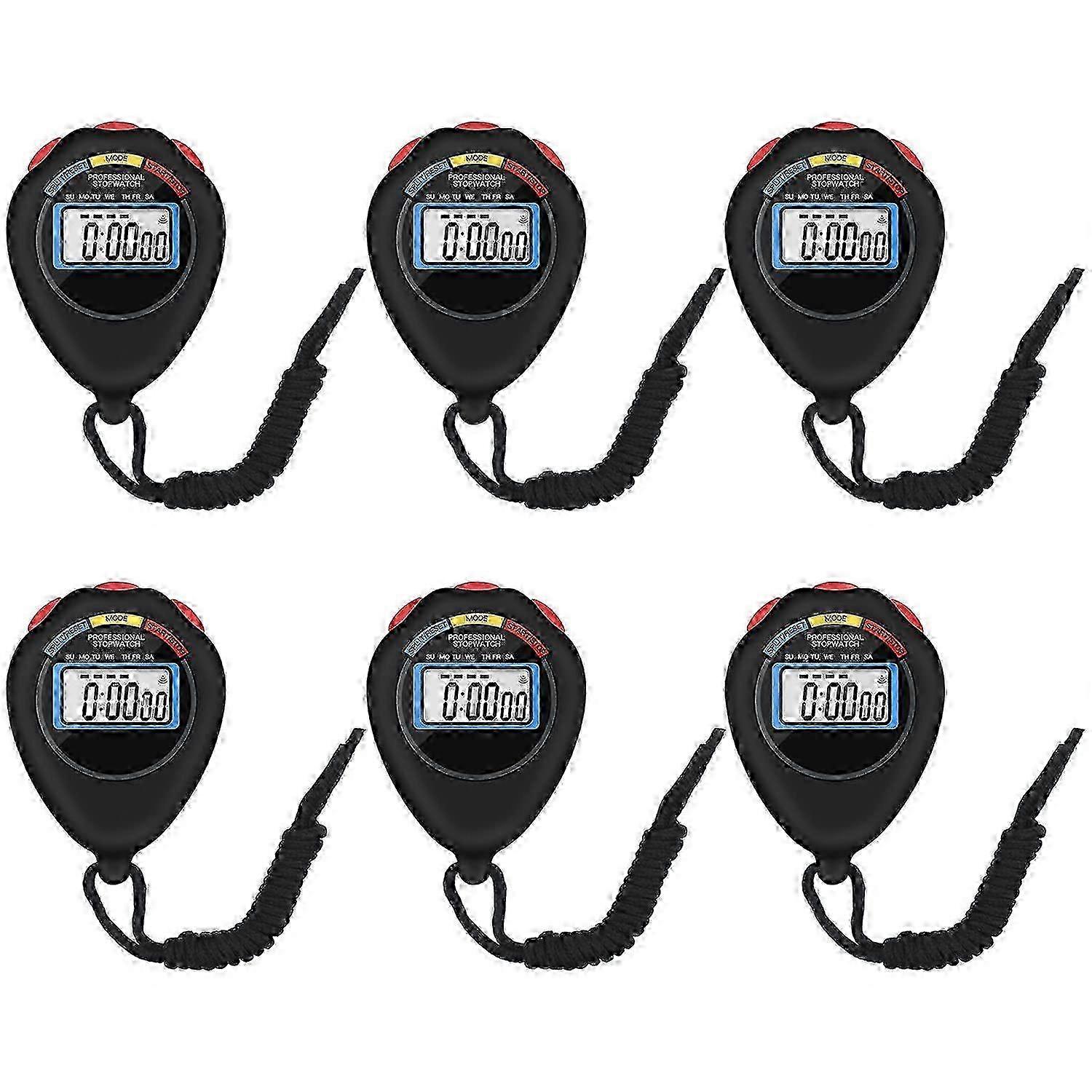 6 Pack Multi-Function Electronic Digital Sport Stopwatch Timer, Large Display, Date Time Alarm Function, Black for Coaches & Referees