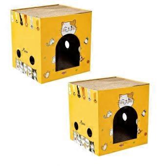 Katzenkratzhaus im Box-Design, 2er-Pack, mit gebogener Vorderseite, seitlichen Öffnungen und wellenförmigen Oberflächen zum Kratzen, Ausruhen und Spielen im Innenbereich.
