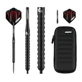Dartset, 90% wolfraam, 23 g, met darttasje, 3 stalen darts, 9 aluminium shafts en 9 flights