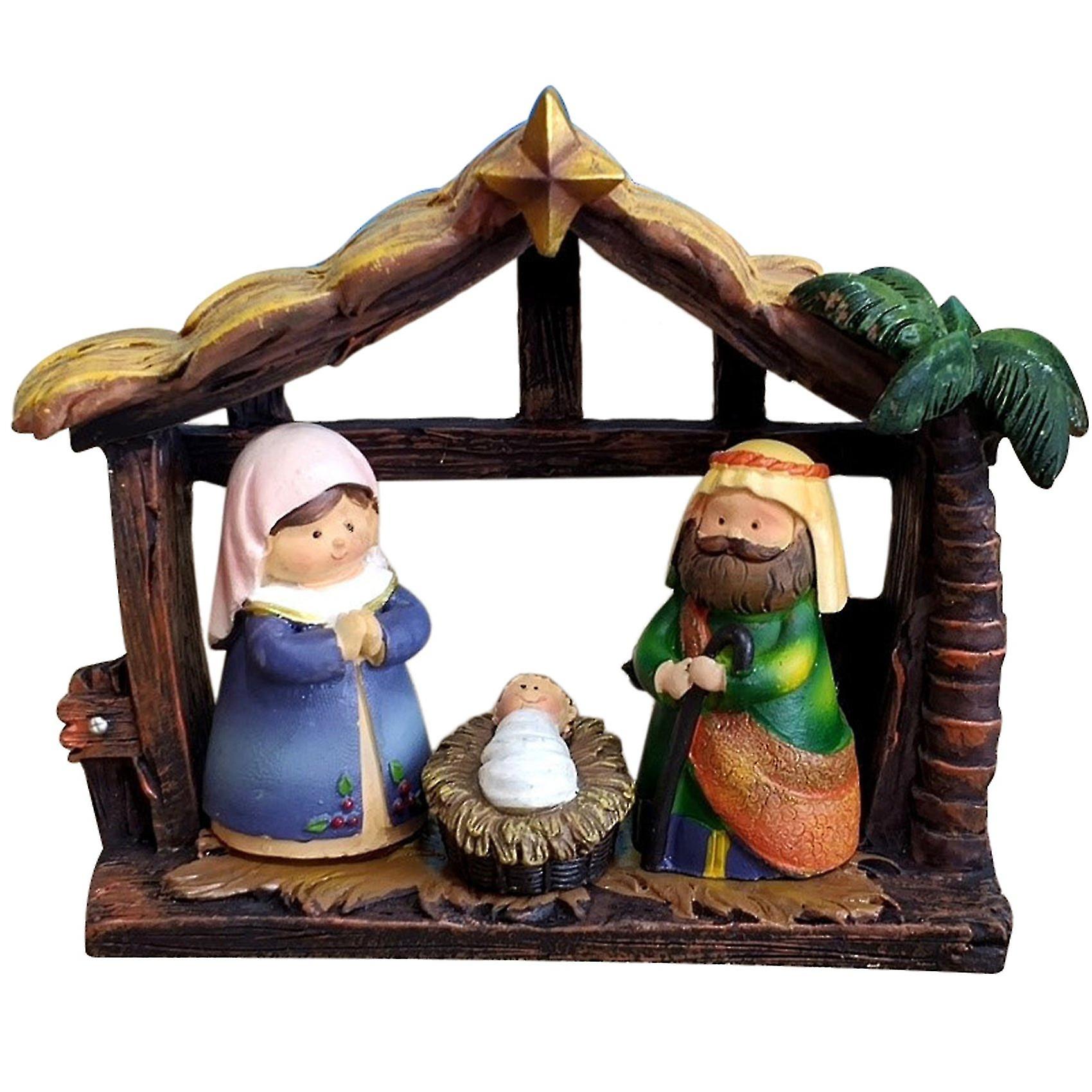 Nativity Scene Crib Figurine Set With Holy Figurine Statue Table