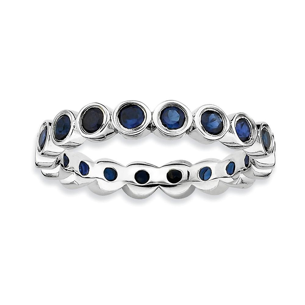 925 Sterling Silver Bezel Polished Patterned Stackable Created Sapphire Ring-Stackable-Ring for Women - Ring Size: 5 to