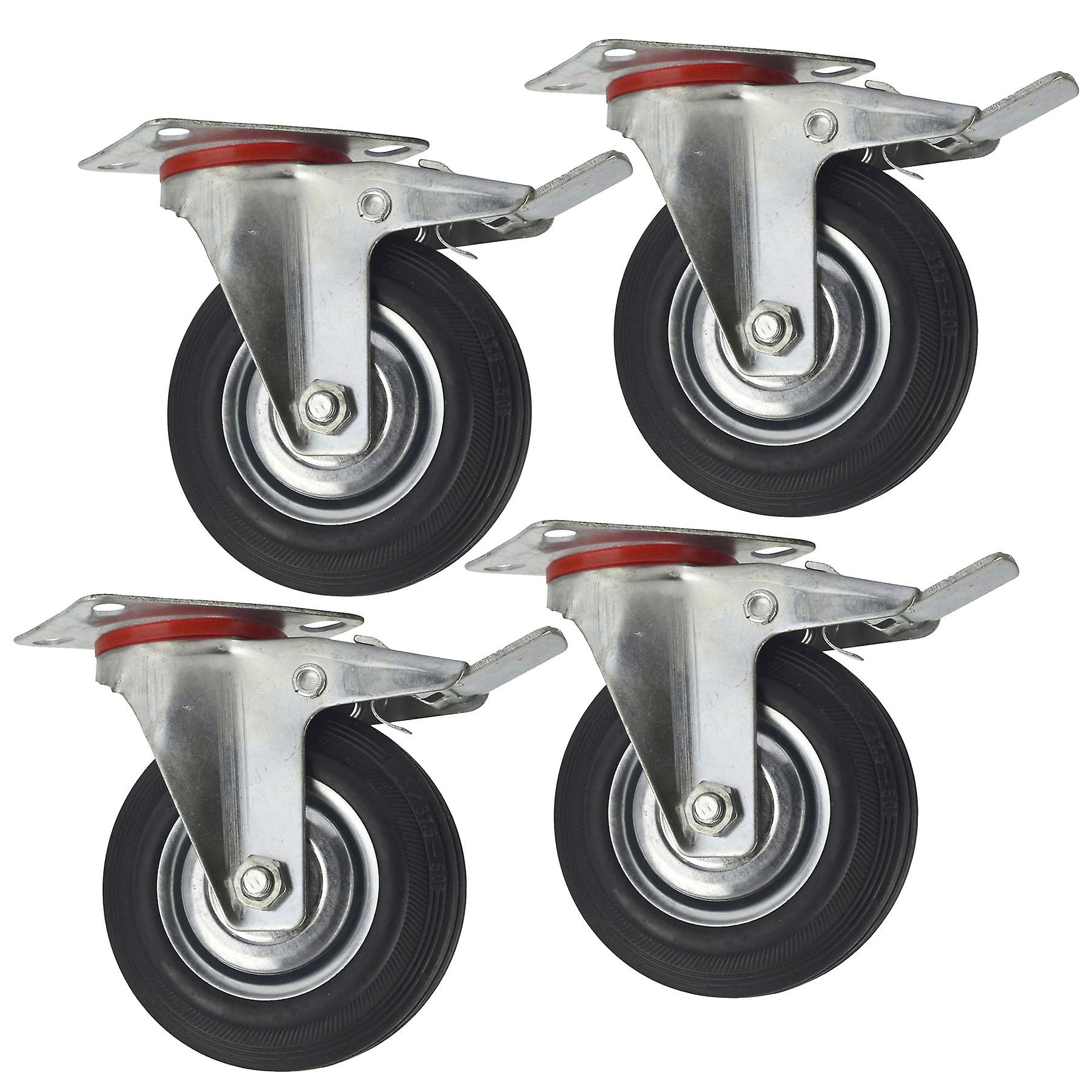 5" (125mm) Rubber Swivel With Brake Castor Wheels Trolley Caster (4 Pack) CST08