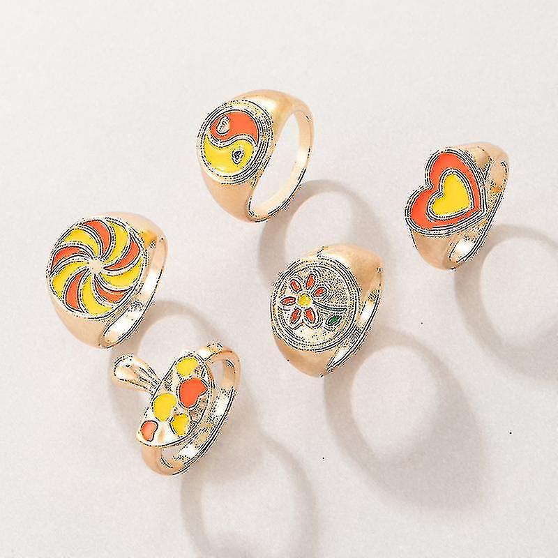 Tocona 5pcs / sets Colorful Mushroom Heart Gold Ring Sets pour femmes Pretty Flowets Tai Chi Alloy Party Jewelry Anillo 19895
