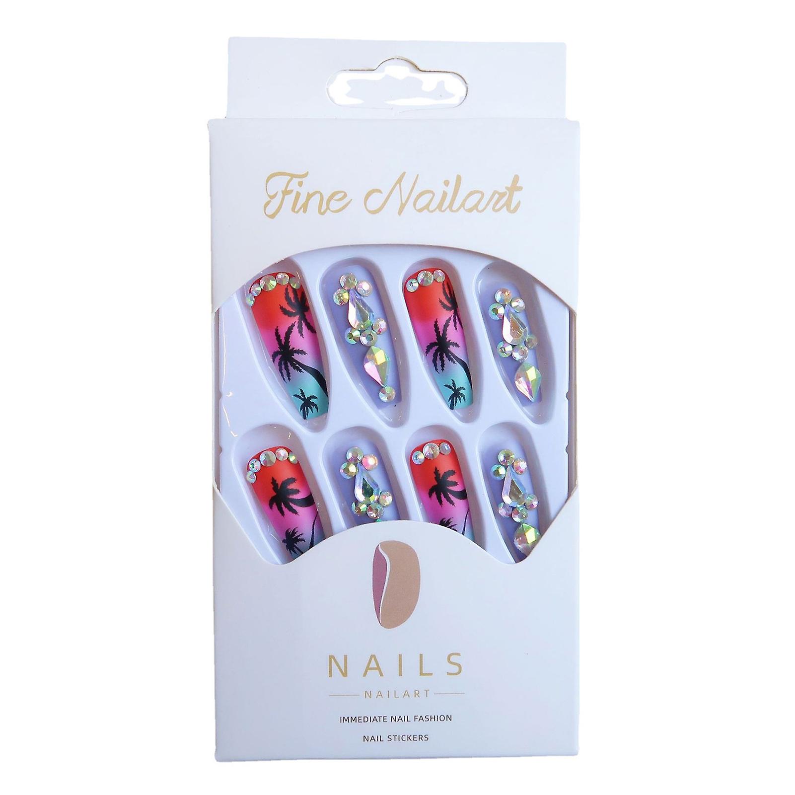 Coconut Tree Printed Colorful Long Fake Nails Easy To Apply Simple To Peel Off Nails