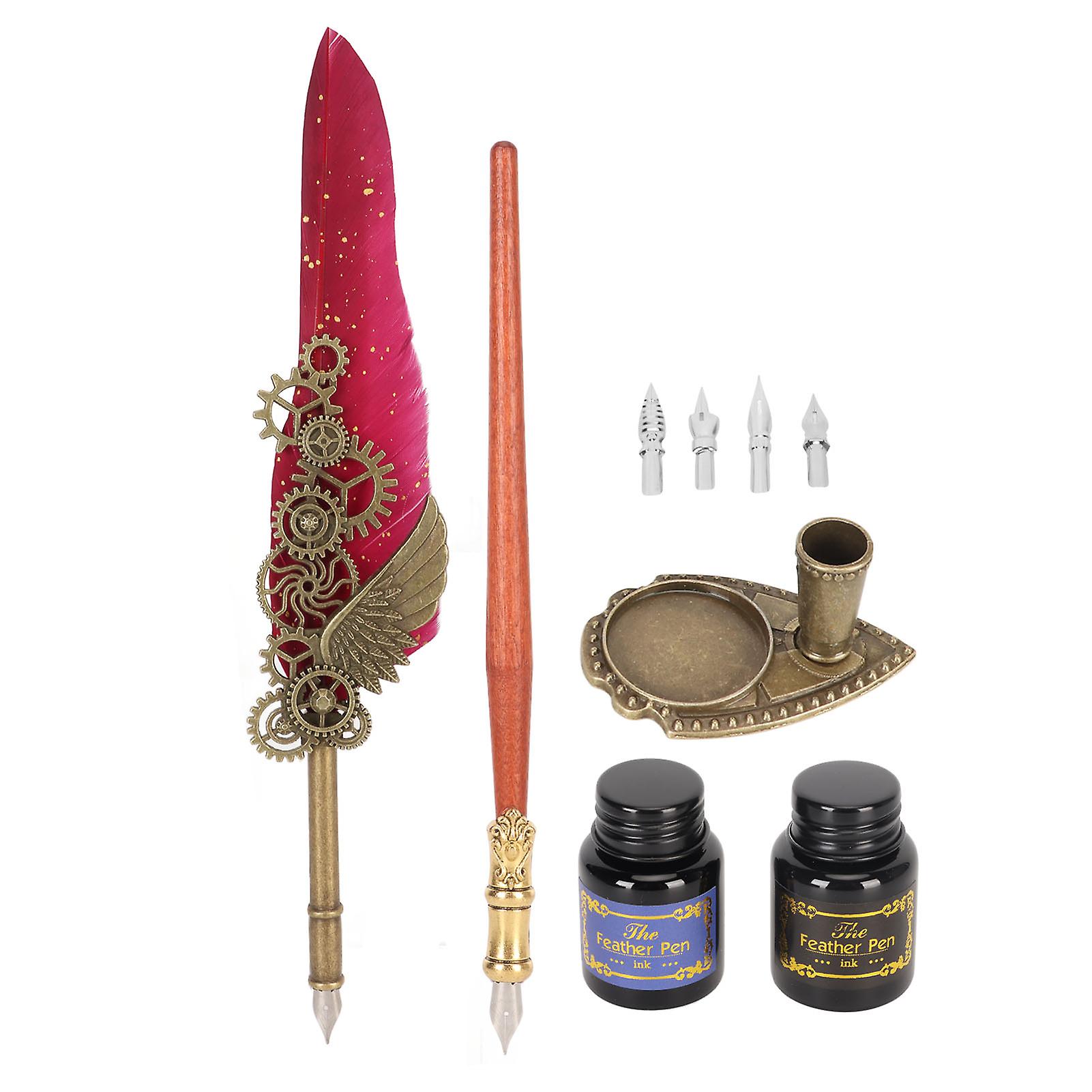 Quill Pen and Ink Set - Retro Punk Gear Style for Smooth Writing in Red