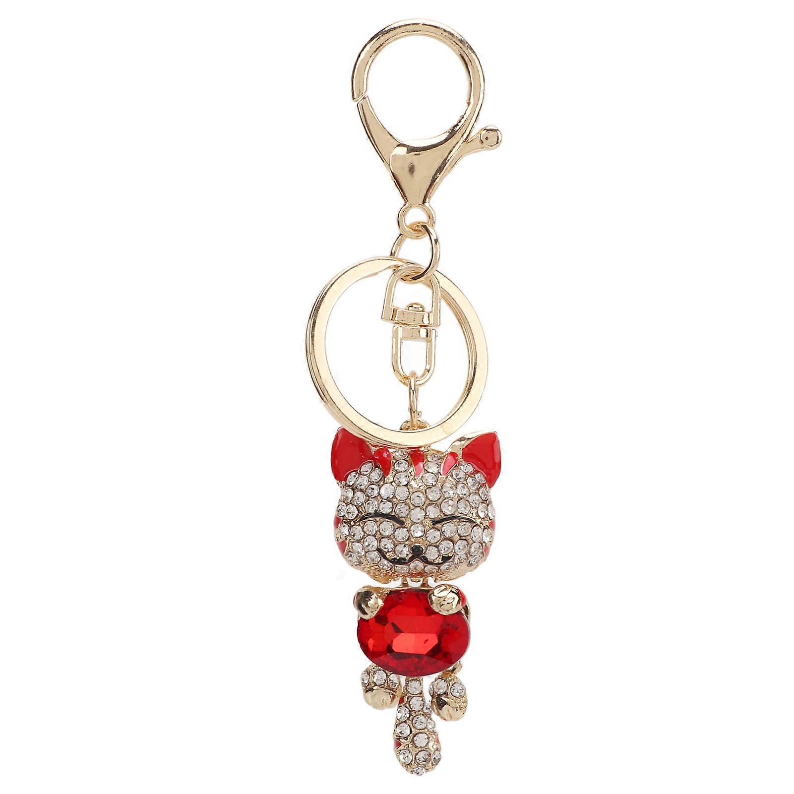 Key Chains Cute Cat Style Metallic Luster Zinc Alloy Shiny Rhinestones Red Decorative Key Chain for Backpacks Gift