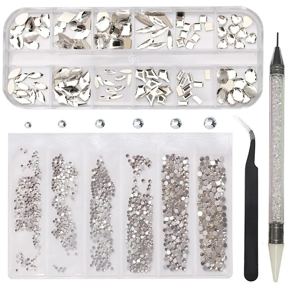 12 Grids Multi-shapes Nail Rhinestones Set Crystal AB /Clear Gems with Crystal Pen Clips for DIY Nail Art Decorations