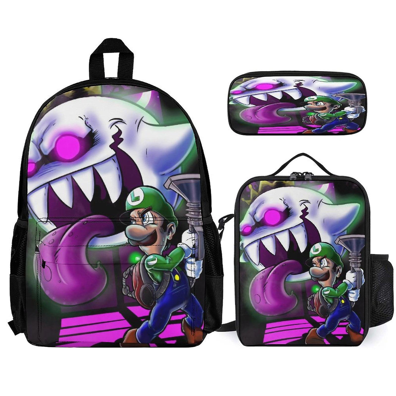 Luigui Mansion حقيبة ظهر 3 قطع مجموعة حقيبة ظهر للكمبيوتر المحمول مع حقيبة غداء مقلمة