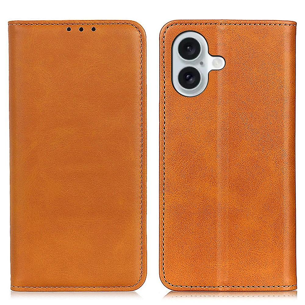 For iPhone 16 Case Magnetic Absorption Split Leather Folio Phone Cover - Brown